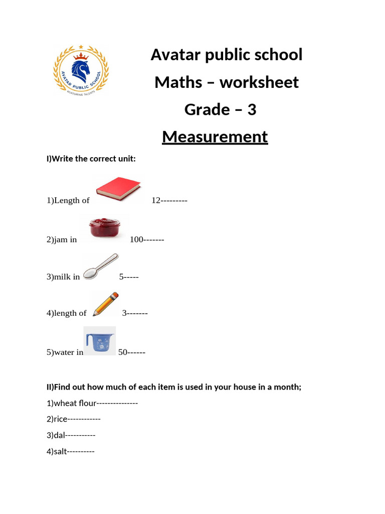 Grade 3 Measurement Maths Worksheet | PDF