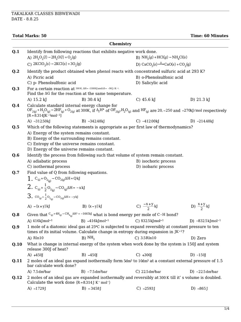 Chemistry Exam Questions and Answers | PDF | Enthalpy | Gibbs Free Energy