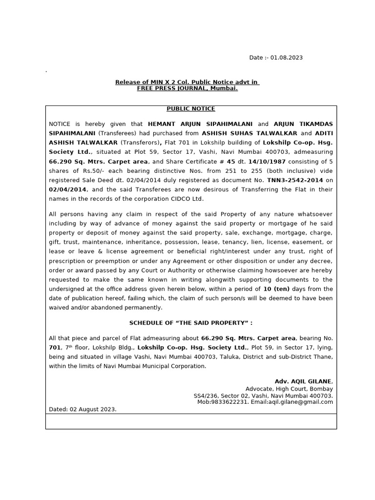 Public Notice: Flat Transfer in Vashi | PDF | Civil Law (Legal System ...