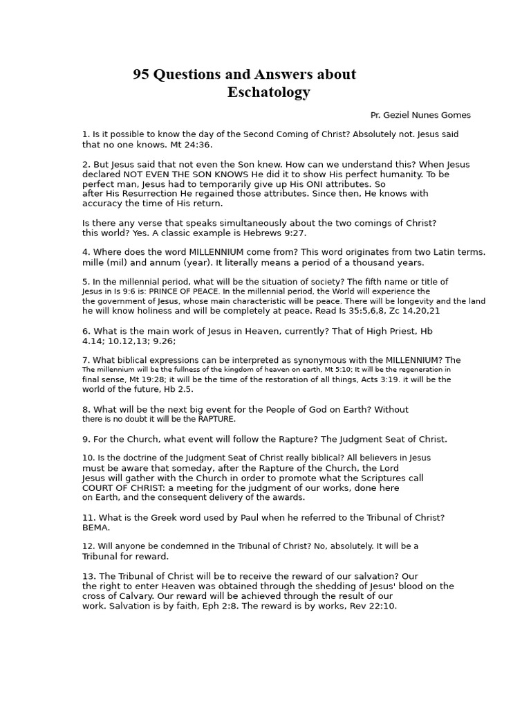 95 Eschatology Questions Answered | PDF | Rapture | Jesus