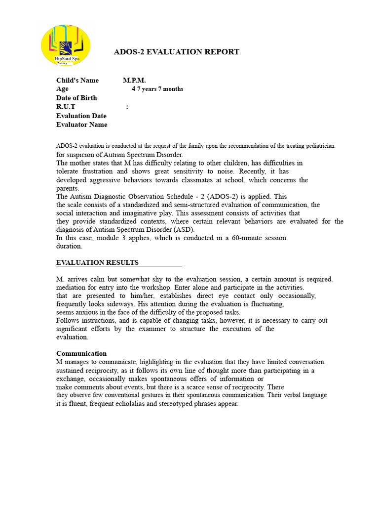 ADOS-2 Autism Evaluation Report | PDF | Autism | Behavioural Sciences