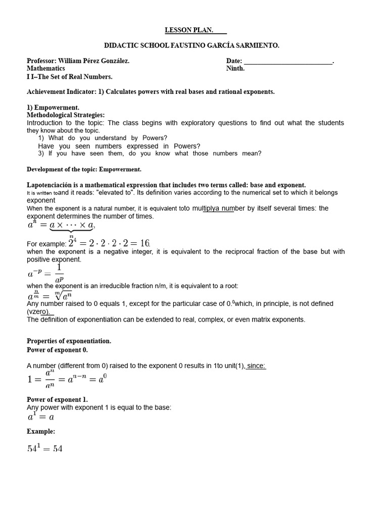 Real Numbers and Exponentiation Lesson Plan | PDF | Exponentiation ...