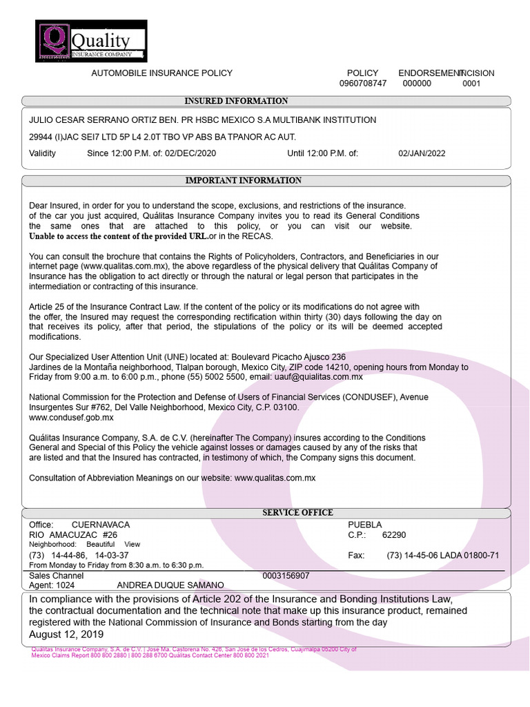 Quálitas Automobile Insurance Policy | PDF | Insurance | Vehicle Insurance