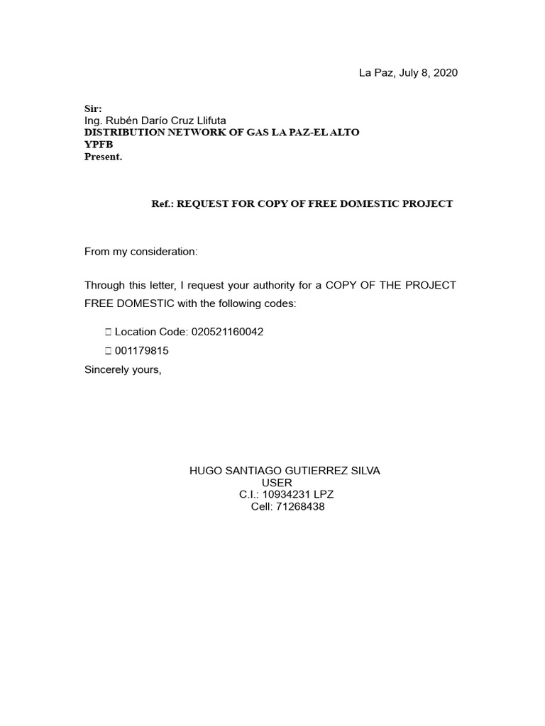 16 - Letter To Ypfb Request For A Copy of Dom Project | PDF