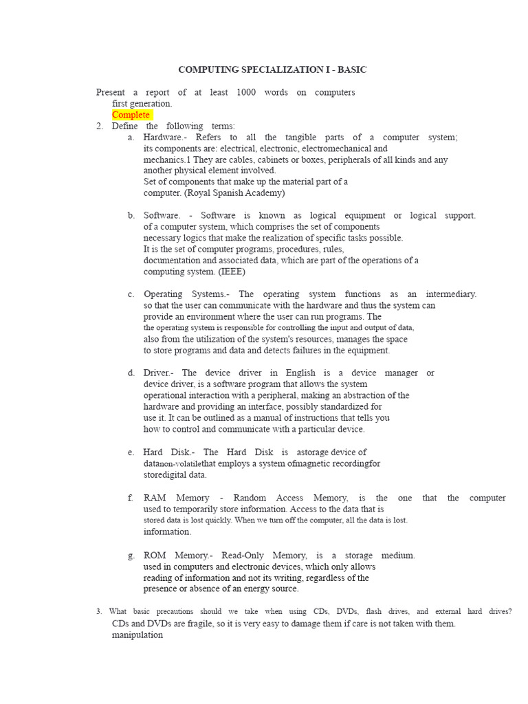 COMPUTER SPECIALTY I - BASIC.docx | PDF | System | Computer Data Storage