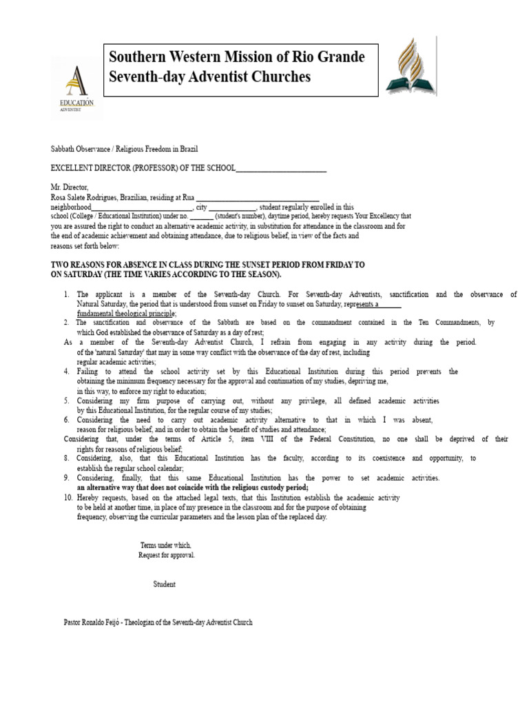 Religious Accommodation Request for Sabbath | PDF | Freedom Of Religion ...