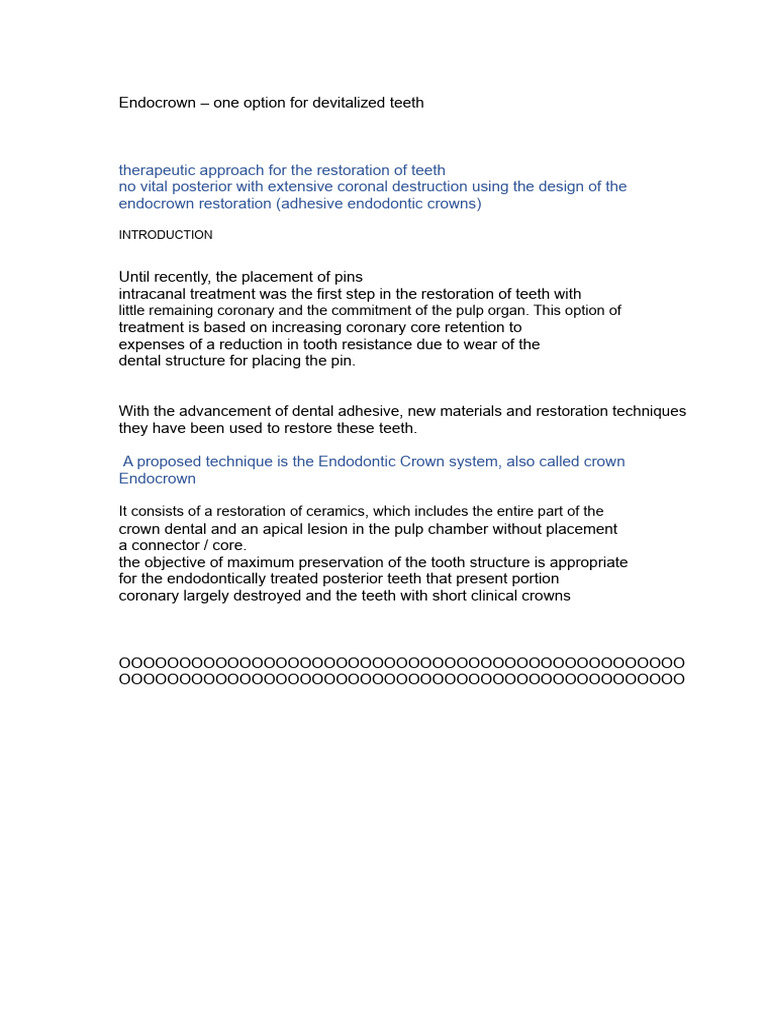 Endocrown Restoration for Devitalized Teeth | PDF | Tooth | Dentistry ...