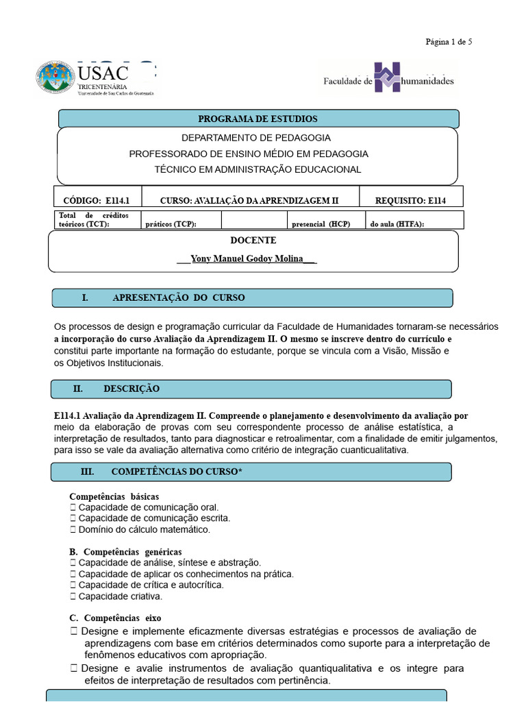 Avaliação da Aprendizagem II: Curso e Competências | PDF | Aprendizado ...