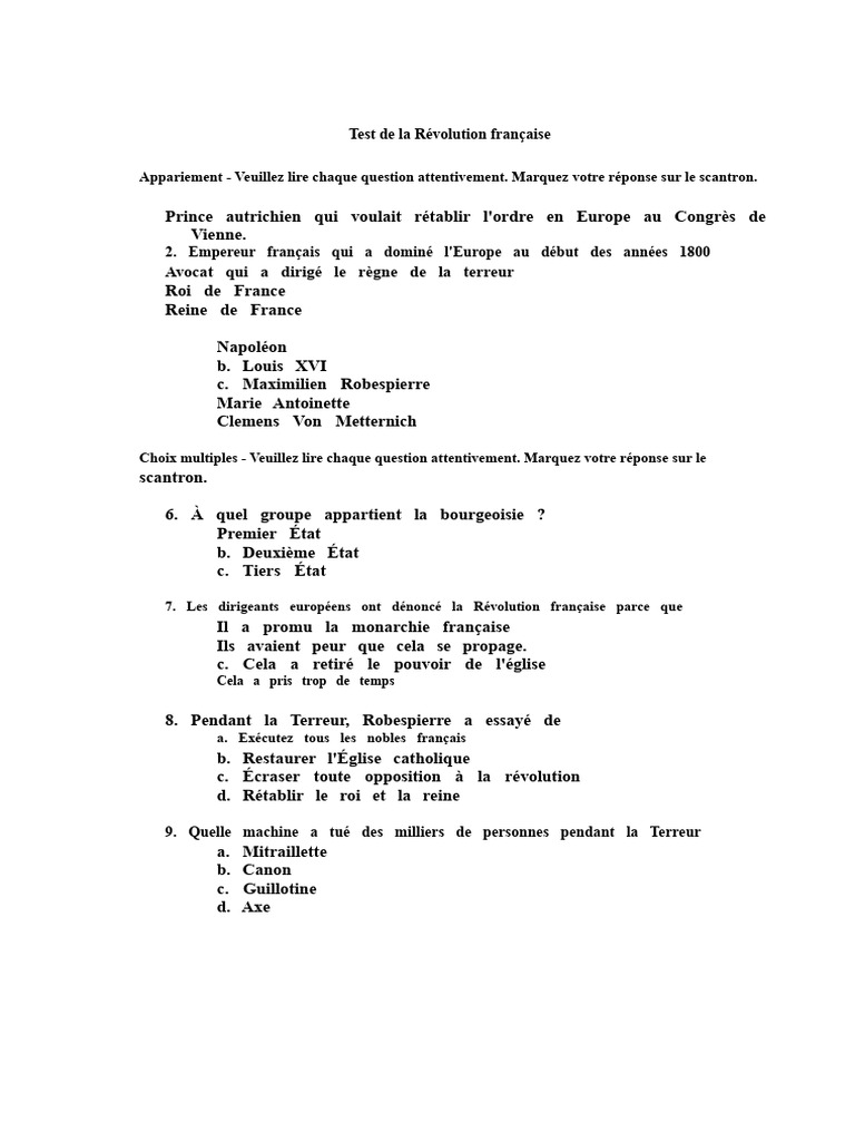 Test sur la Révolution française | PDF | Napoléon | Révolution française