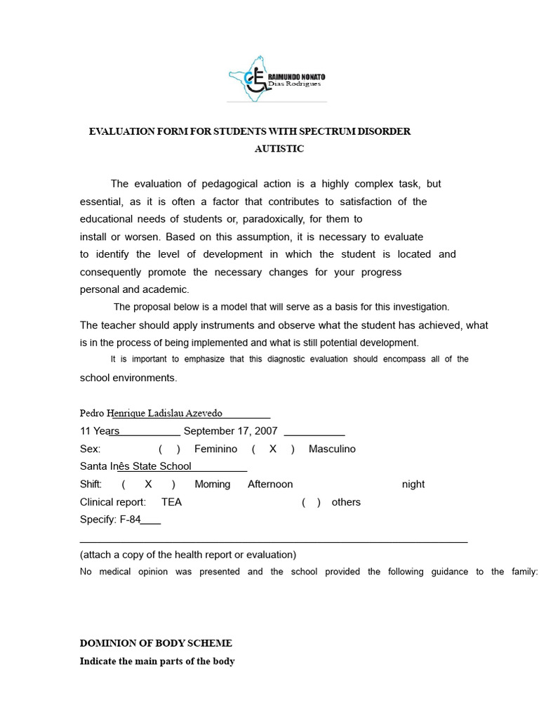 Evaluation Form for Autism Spectrum Students | PDF | Communication | Autism