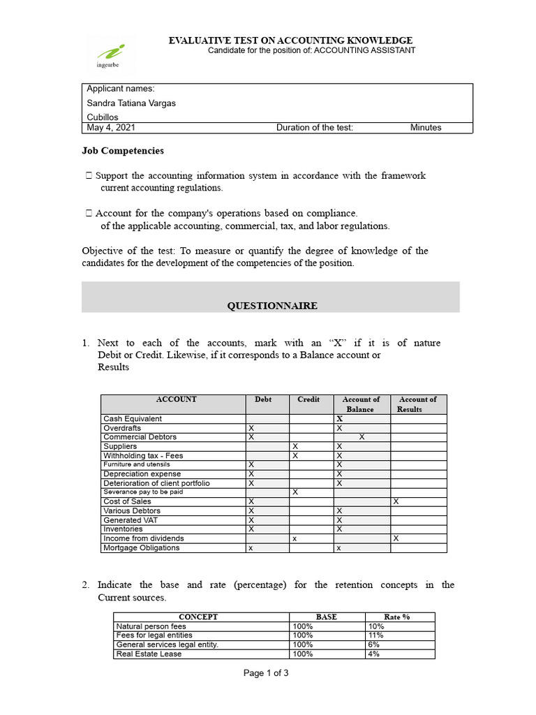 Accounting Knowledge Evaluative Test | PDF | Debits And Credits | Payments