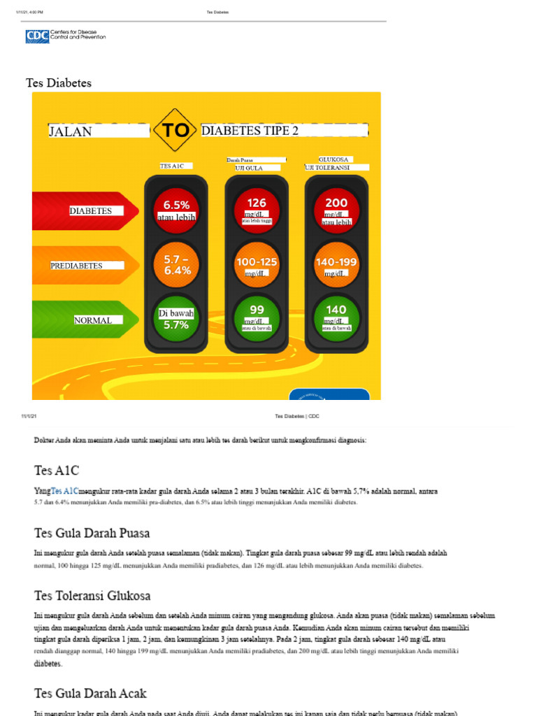 Panduan Lengkap Tes Diabetes CDC | PDF