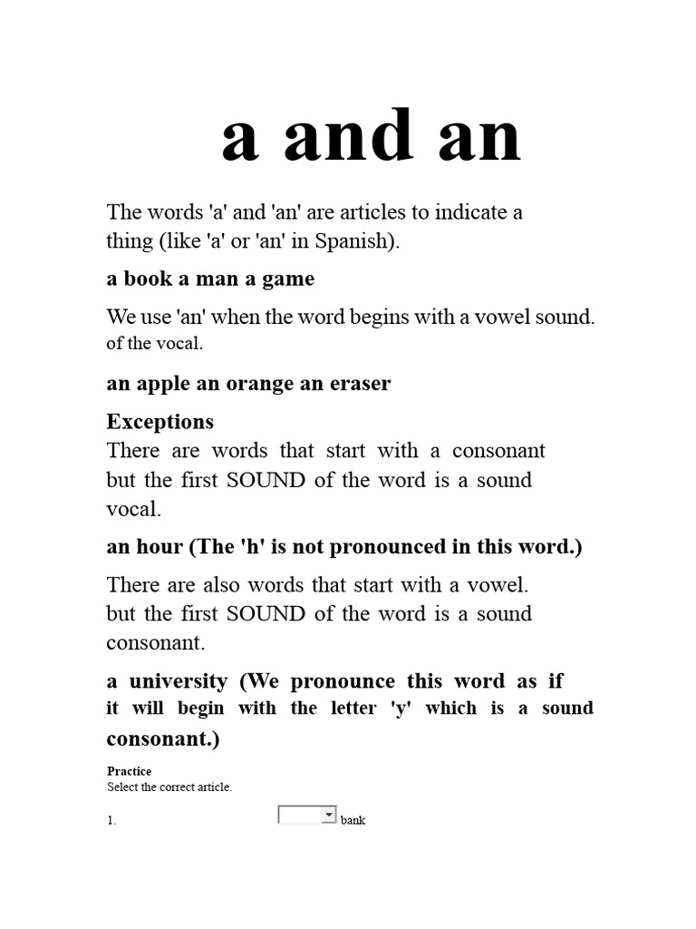 a and an.docx | PDF | English Language | Consonant