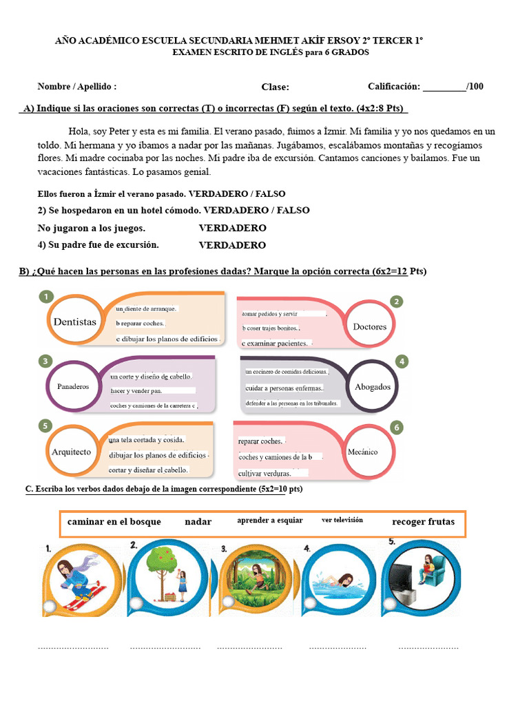 Examen de Inglés para 6º Grado | PDF