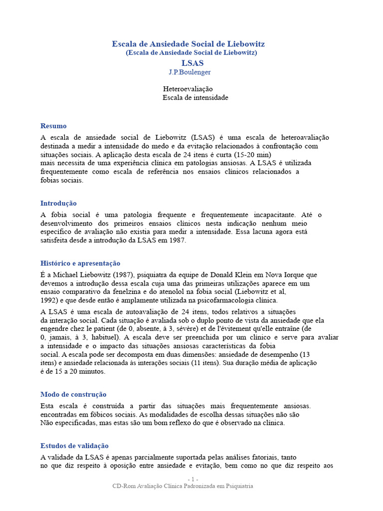 Escala de Ansiedade Social LSAS: Avaliação Clínica | PDF | Transtorno ...
