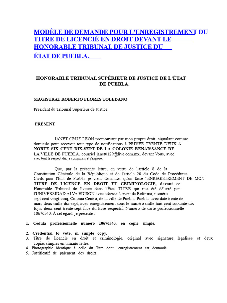 Demande d'enregistrement de titre en droit | PDF