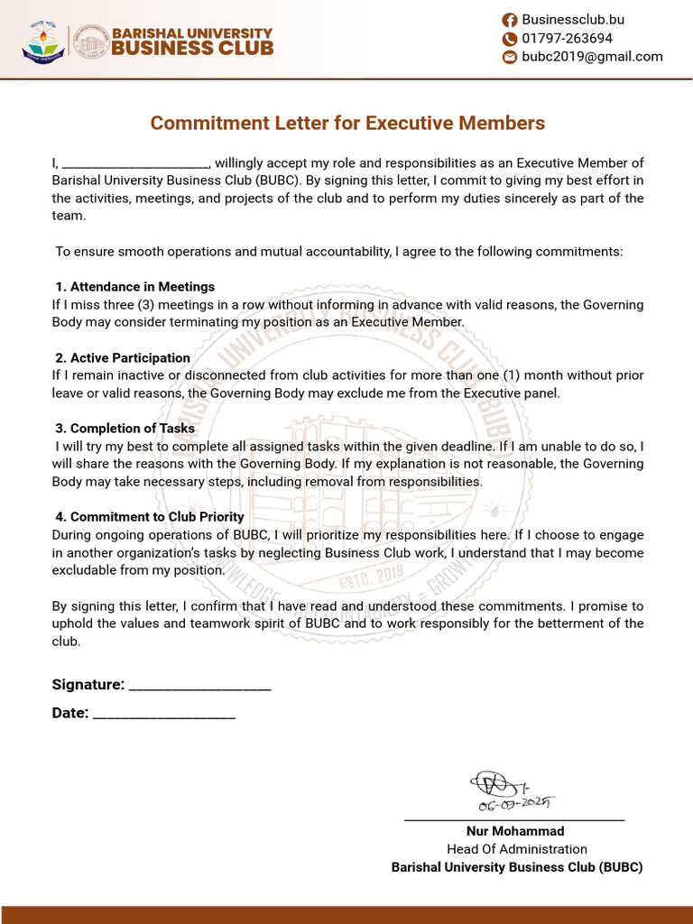Executive Member Commitment Letter BUBC | PDF