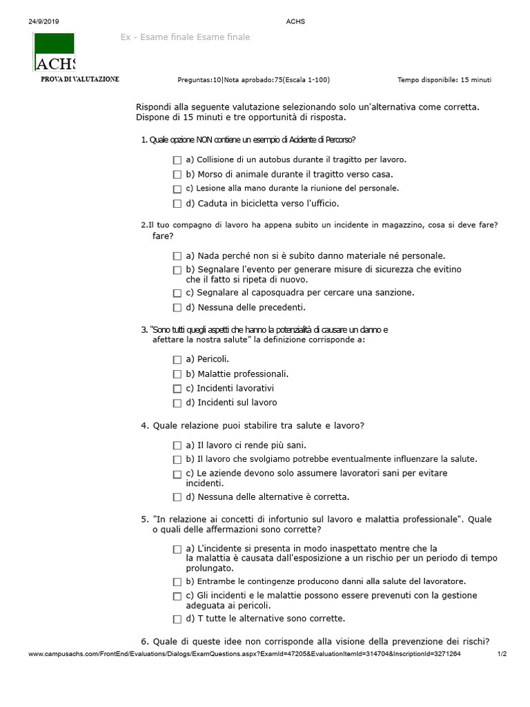 Prova Di Orientamento Alla Prevenzione Dei Rischi | PDF