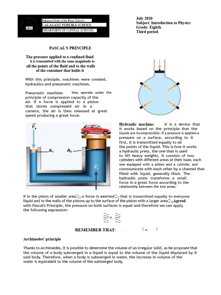 Workshop On Pascal's Principle and Archimedes | PDF | Buoyancy | Liquids