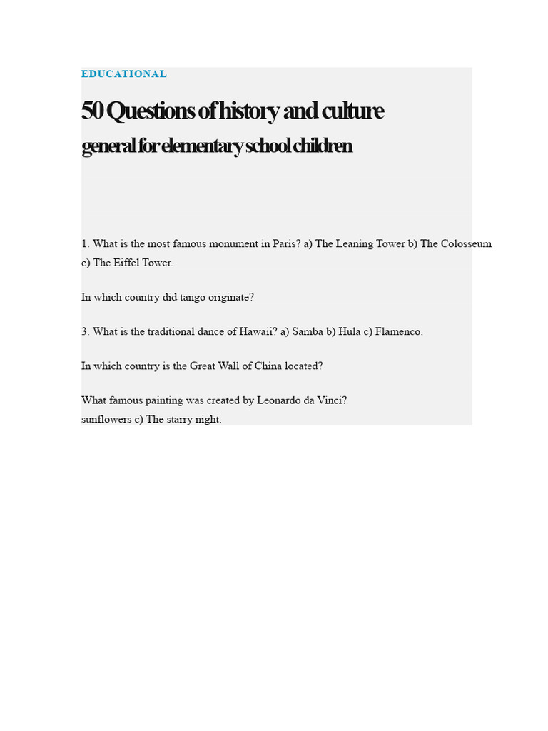 History Questions for Kids | PDF