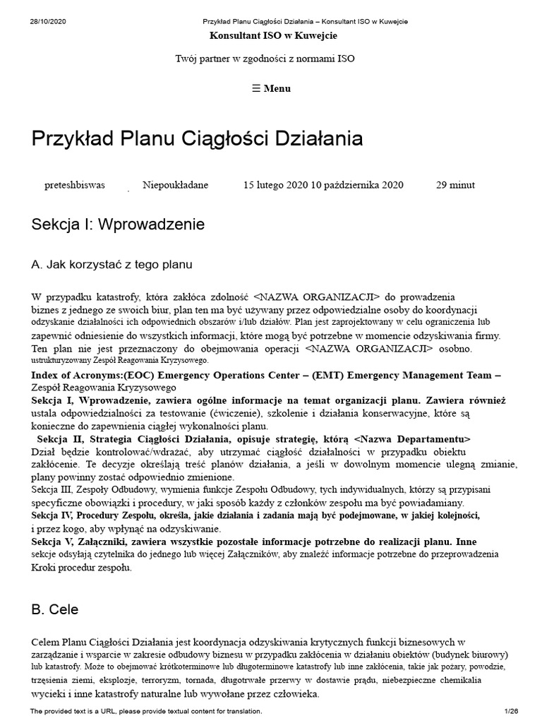 Przykład Planu Ciągłości Działania | PDF