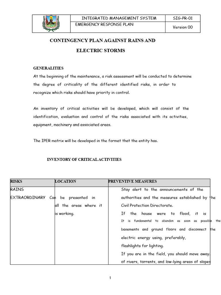 Contingency Plan Against Rain and Electric Storms | PDF | Emergency ...