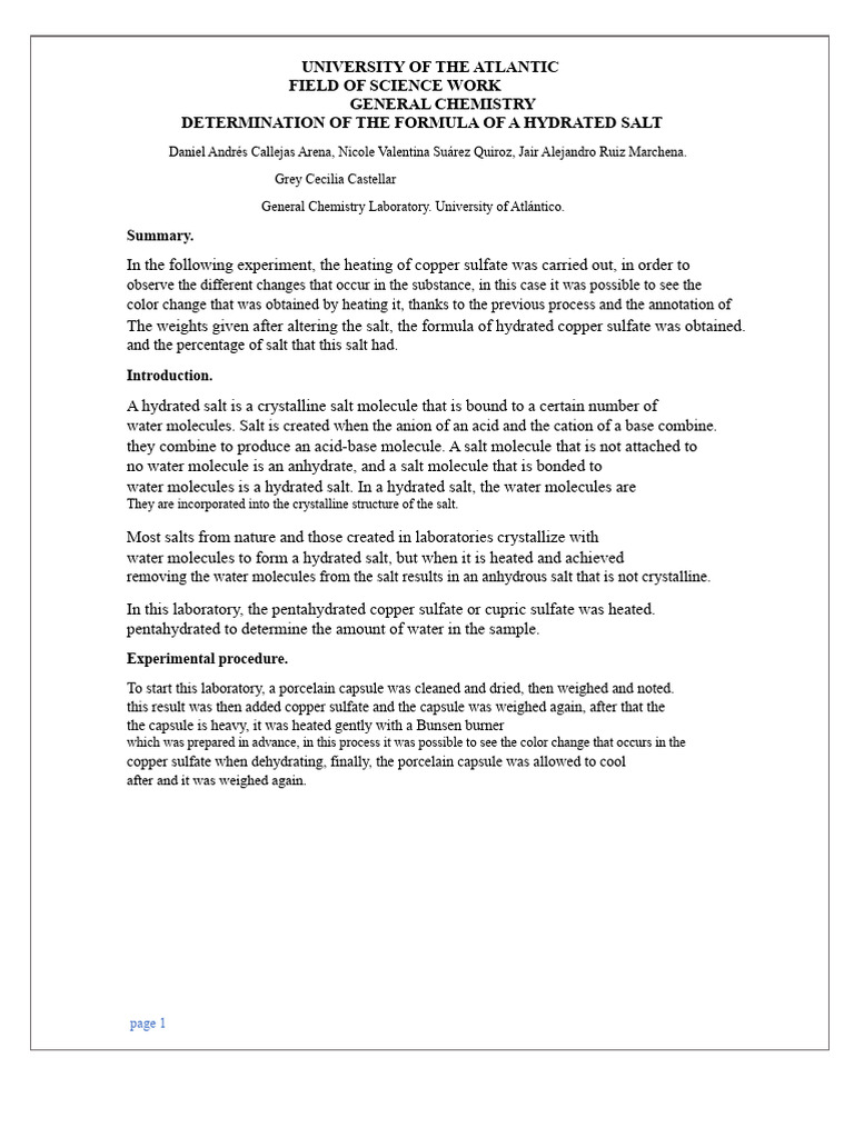 Hydrated Salt Formula Determination Experiment | PDF | Salt (Chemistry ...
