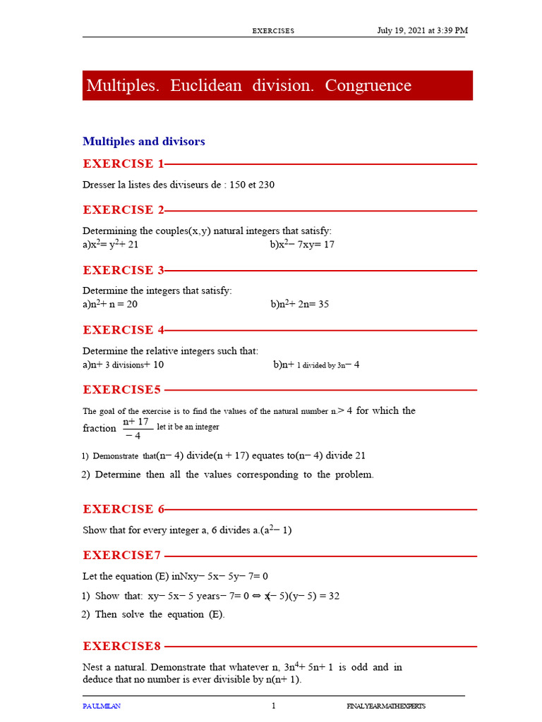 03 Exercises Multiple Division Euclidean Congruence | PDF | Division ...