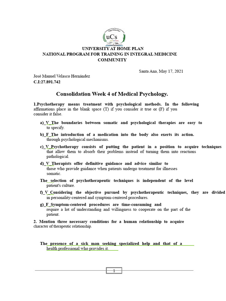 Consolidation Week 4 Medical Psychology | PDF | Psychotherapy | Psychology