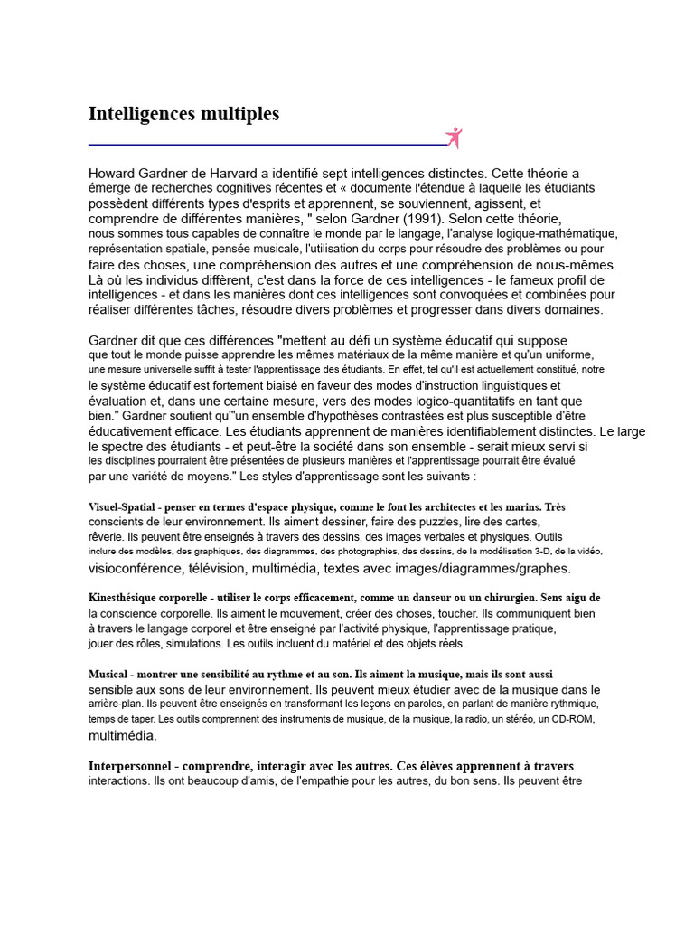 Les 7 intelligences de Gardner expliquées | PDF | Intelligence ...