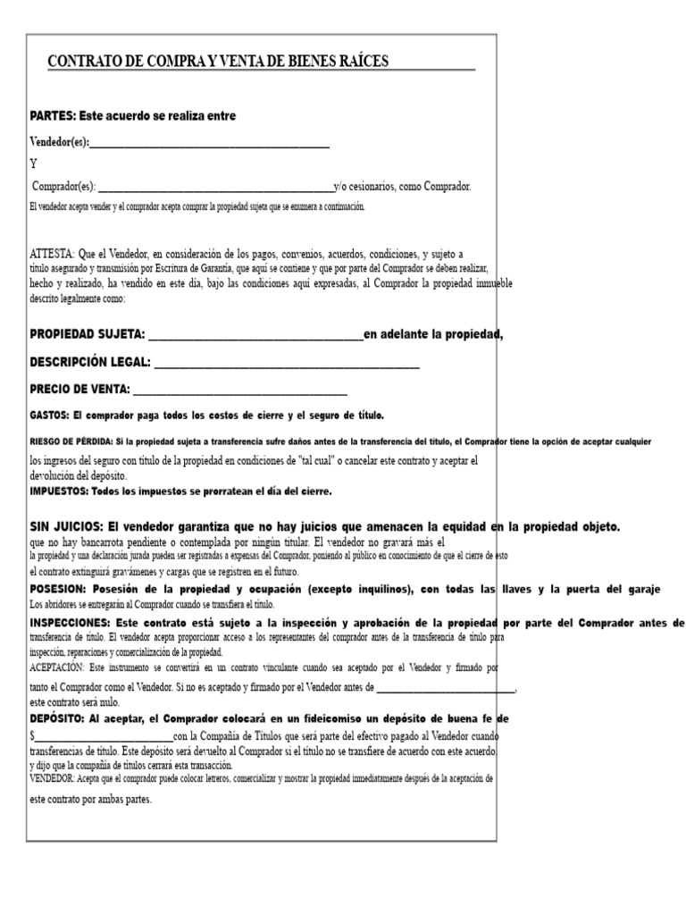 Contrato de Venta y Compra de Bienes Raíces | PDF | Seguro | Bienes raíces