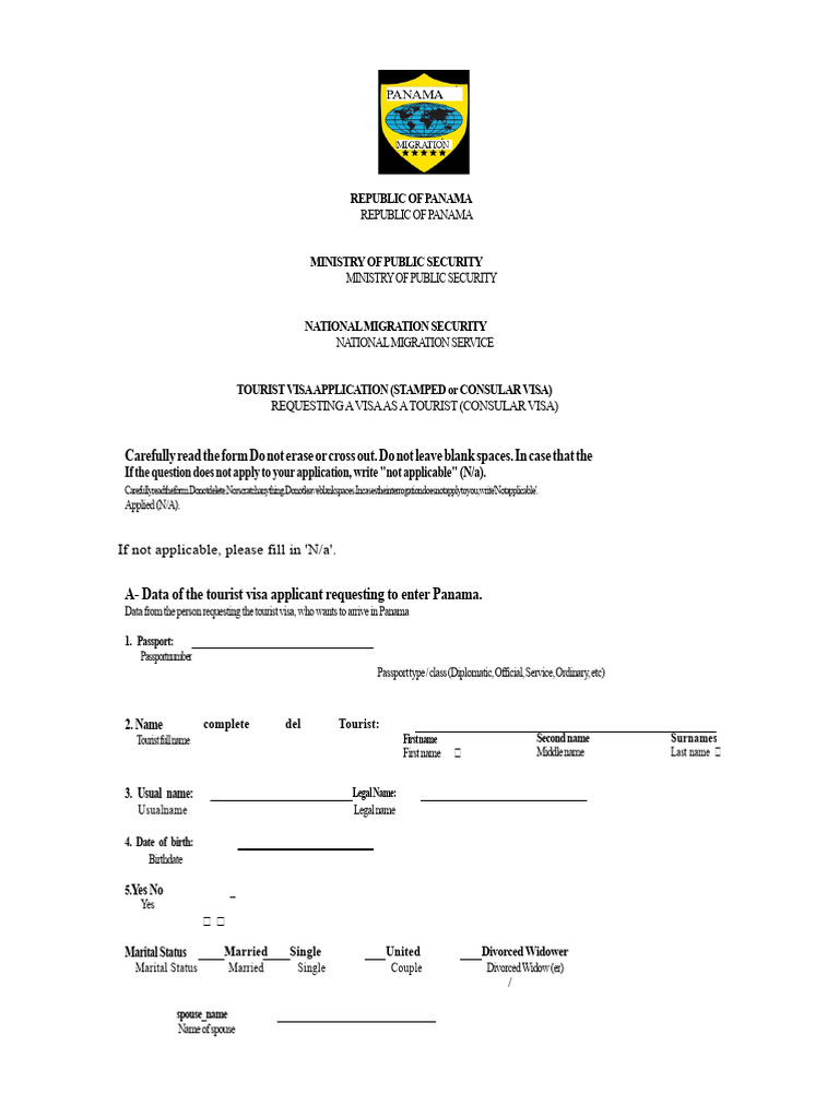 Panama Tourist Visa Application Form | PDF | Travel Visa | Passport