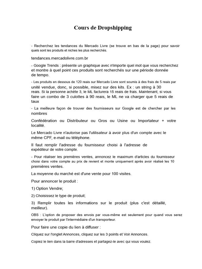 Guide Pratique du Dropshipping sur Mercado Livre | PDF