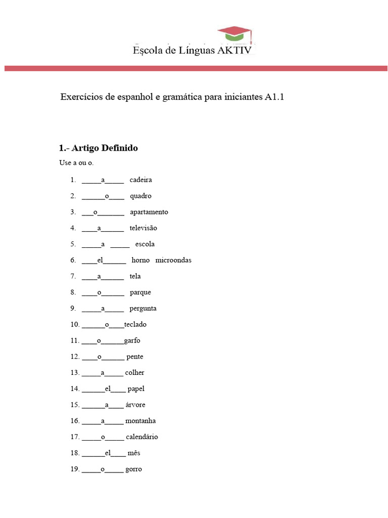 02. Exercícios de Espanhol e Gramática Para Iniciantes A1.1 | PDF ...