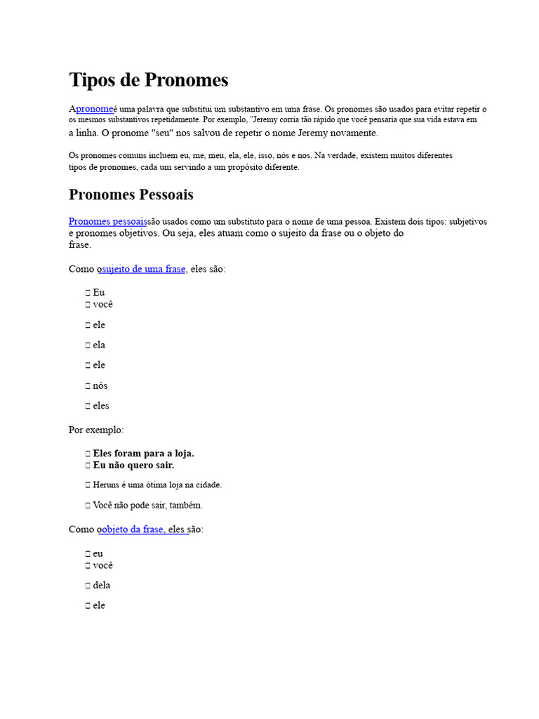 Tipos de Pronomes e Seus Usos | PDF | Pronome | Linguística