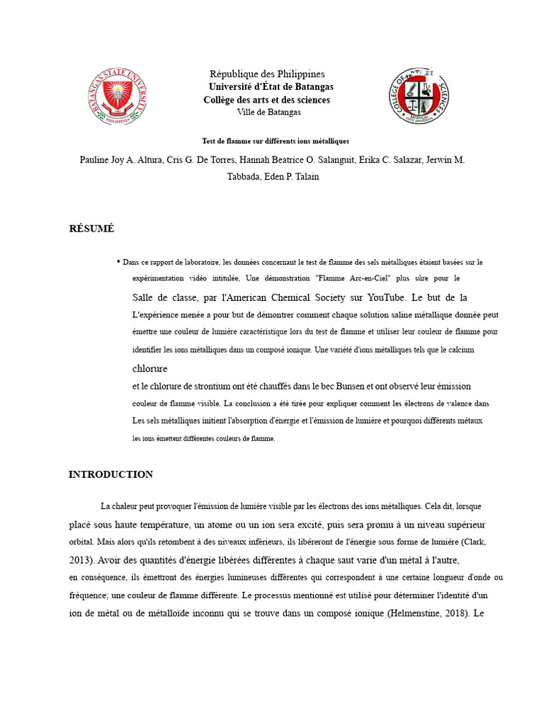 Test de flamme des ions métalliques PDF Ion Métaux — free download