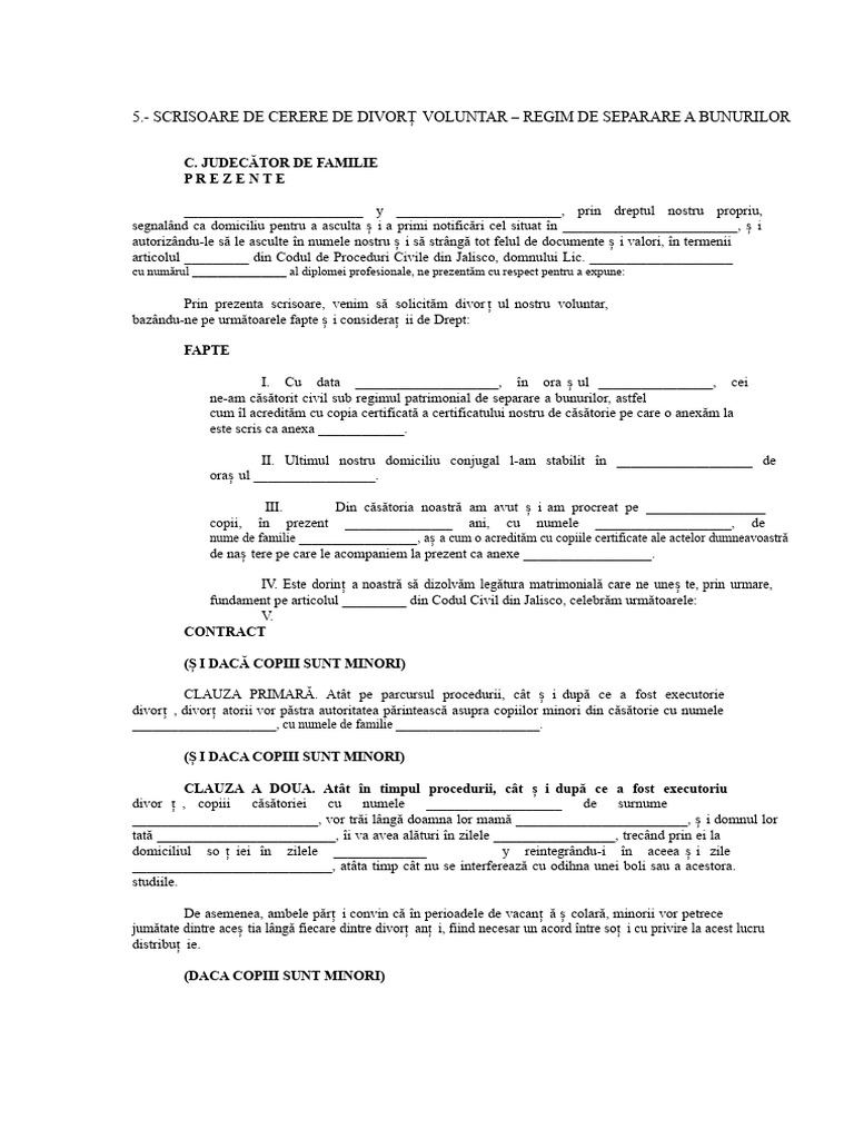 Scris de Cerere de Divorț Voluntar - Regimul de Separare A Bunurilor | PDF
