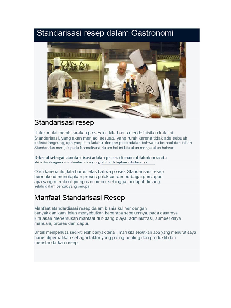 Manfaat dan Proses Standarisasi Resep | PDF