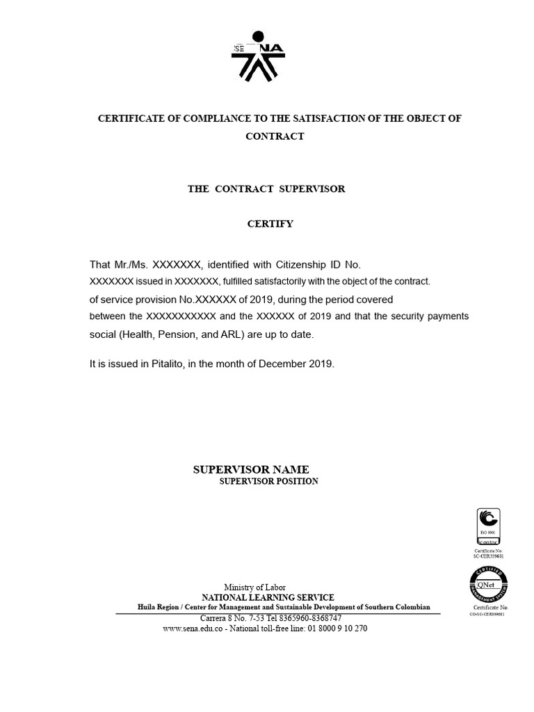 Certificate of Compliance To Satisfaction | PDF