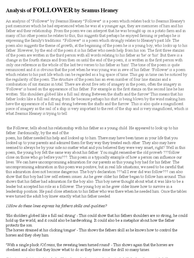 Analysis of FOLLOWER by Seamus Heaney Poetry Metaphor