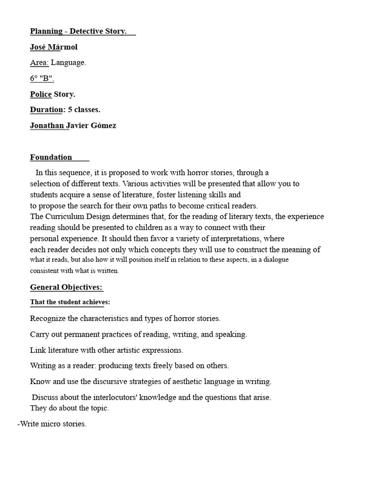 Detective Story Planning for 6th Grade | PDF | Experience | Horror Fiction