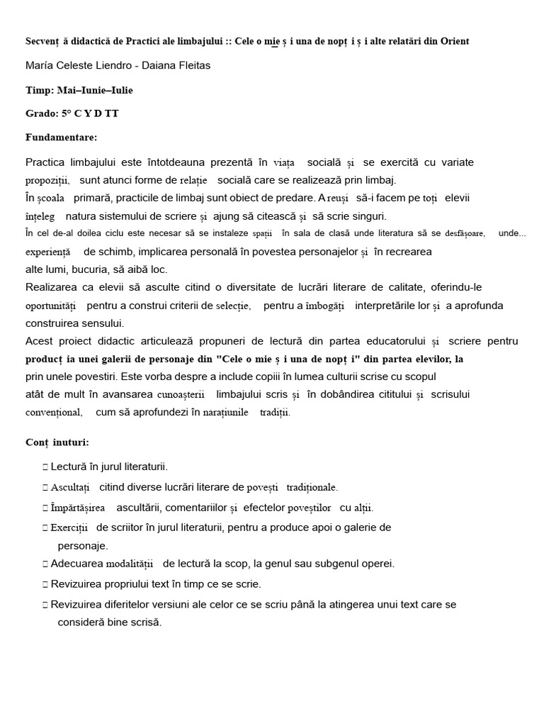 Secvența Didactică de Practici Ale Limbajului - O MIE ȘI UNA DE NOPȚI | PDF
