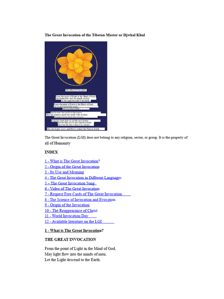The Great Invocation Explained | PDF | Prayer | Love