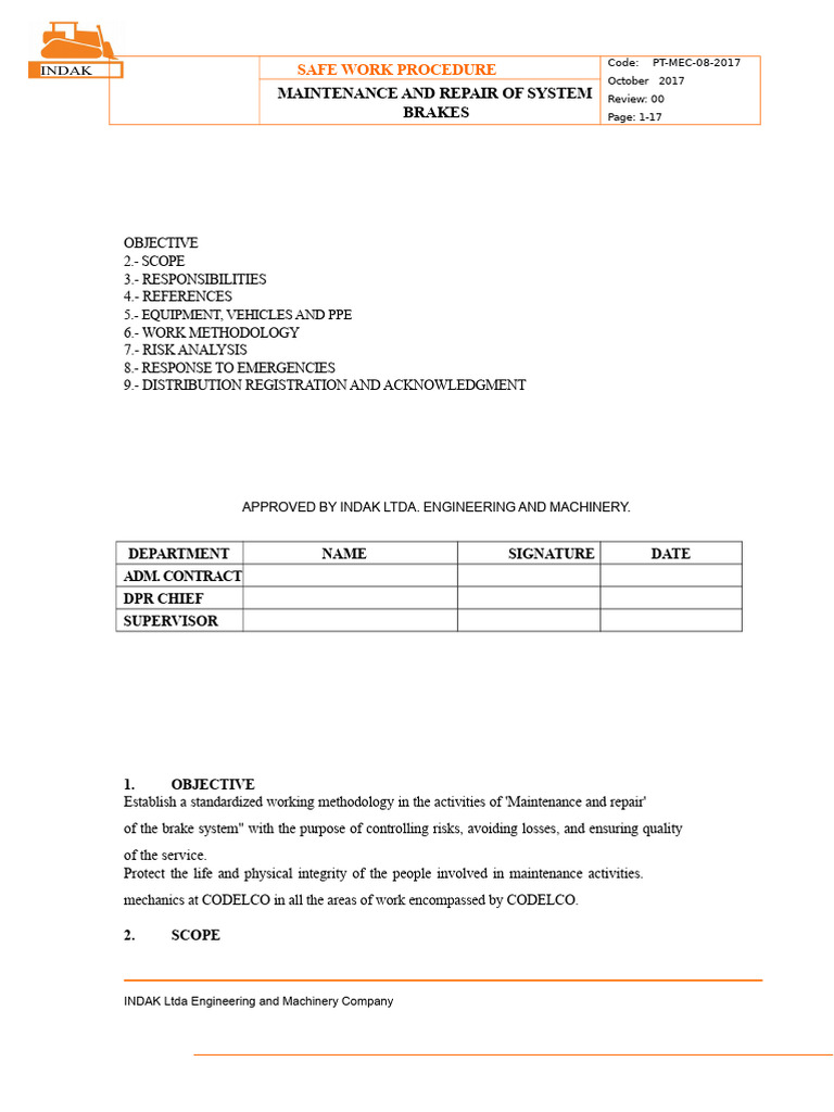 Brake System Maintenance Procedure | PDF | Personal Protective ...