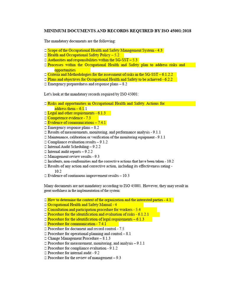Mandatory Documents and Records Required by ISO 45001 | PDF | Audit ...