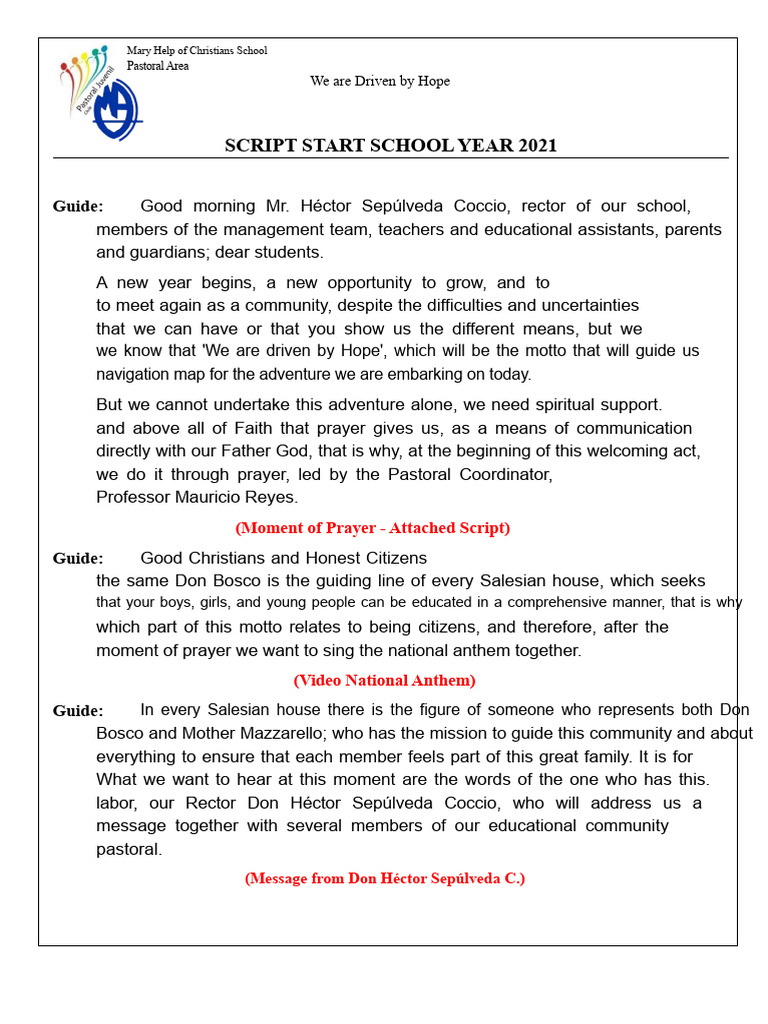 Script For The Start of School Year | PDF