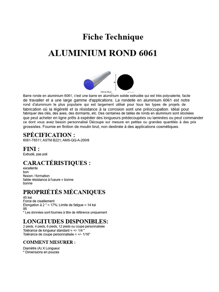 Fiche Technique Aluminium 6061 Rond PDF