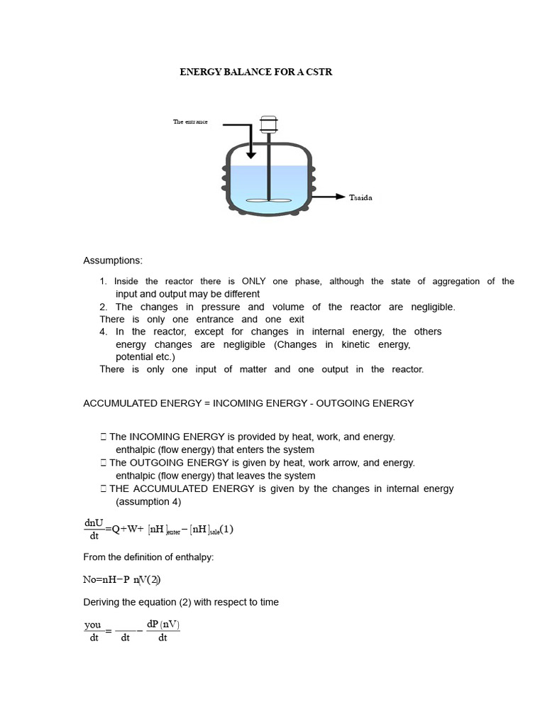 Energy Balance For A Cstr Pdf Enthalpy Chemical Reactor