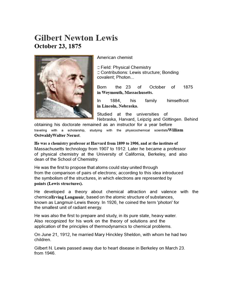 Gilbert N. Lewis: Pioneer of Chemistry | PDF | Chemistry | Physical ...