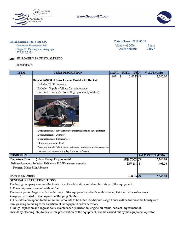 18F27 Quotation For Mini Loader (Romero) | PDF